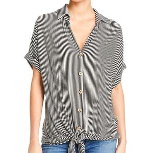 Kim & Cami Black & White Striped Button Down, High-Low Top With Tie Front Size S